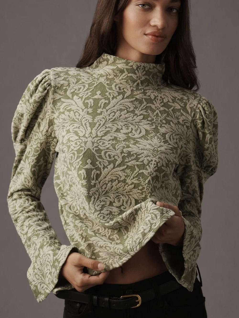 Anthropologie Puff Sleeve Turtleneck Jacquard Top Sz S